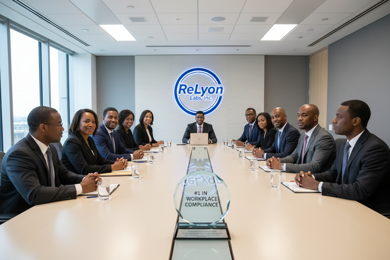 african american men and women in a conference room with a ReLyon Labs, Inc on the wall behind them. #1 in workplace compliance award on the table